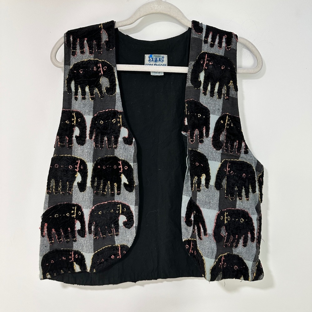 Soho‎ Compagnie Womens Vest Elephant Embroidered Cotton Check Boho S Grey Black